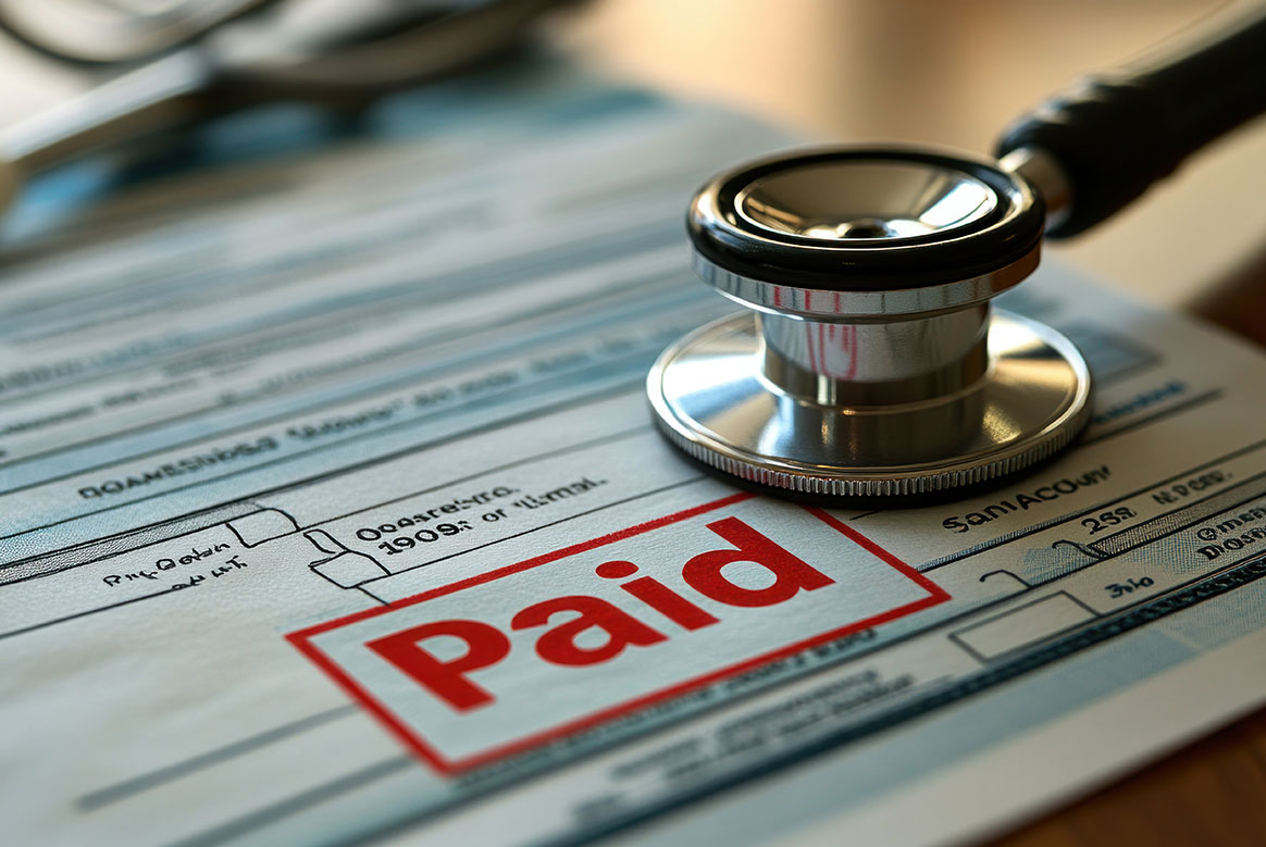 Stethoscope on top of paid healthcare bill