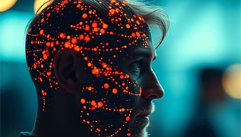 Man's face with red technology symbols