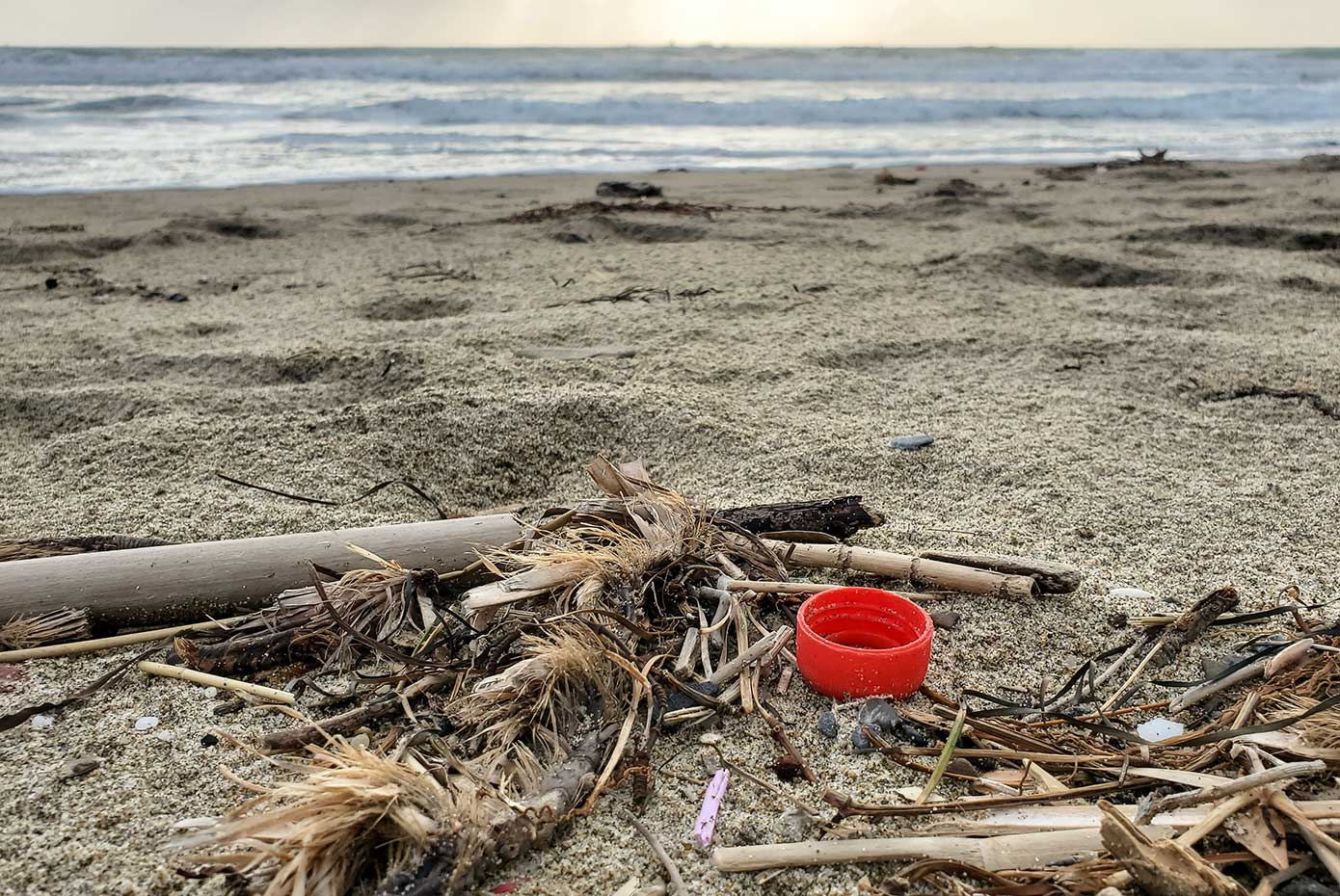 Red plastic cap on the beach