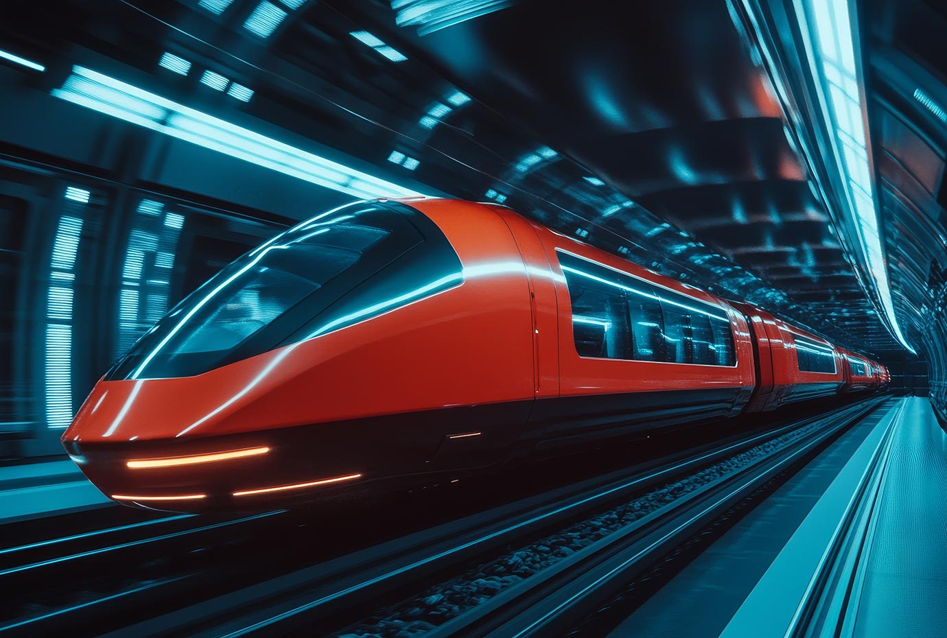 A red bullet train speeding underground