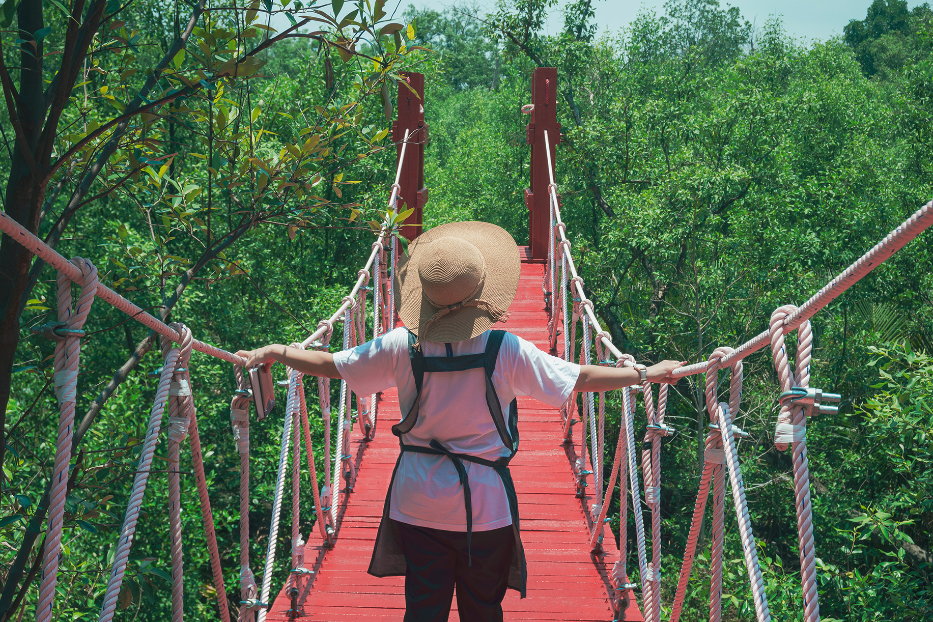 Person crossing a rope bridge