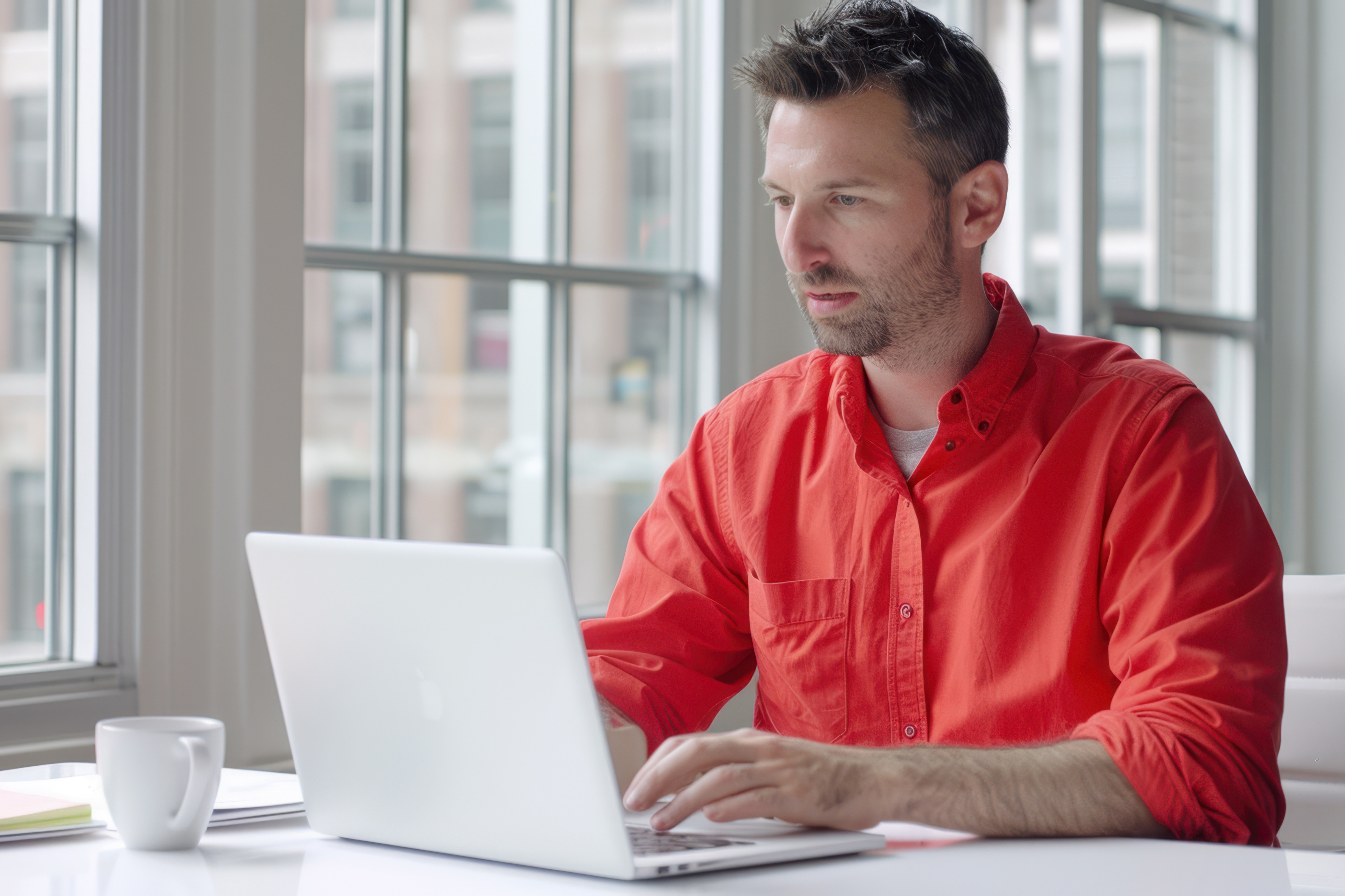 AI-generated man sitting at his computer